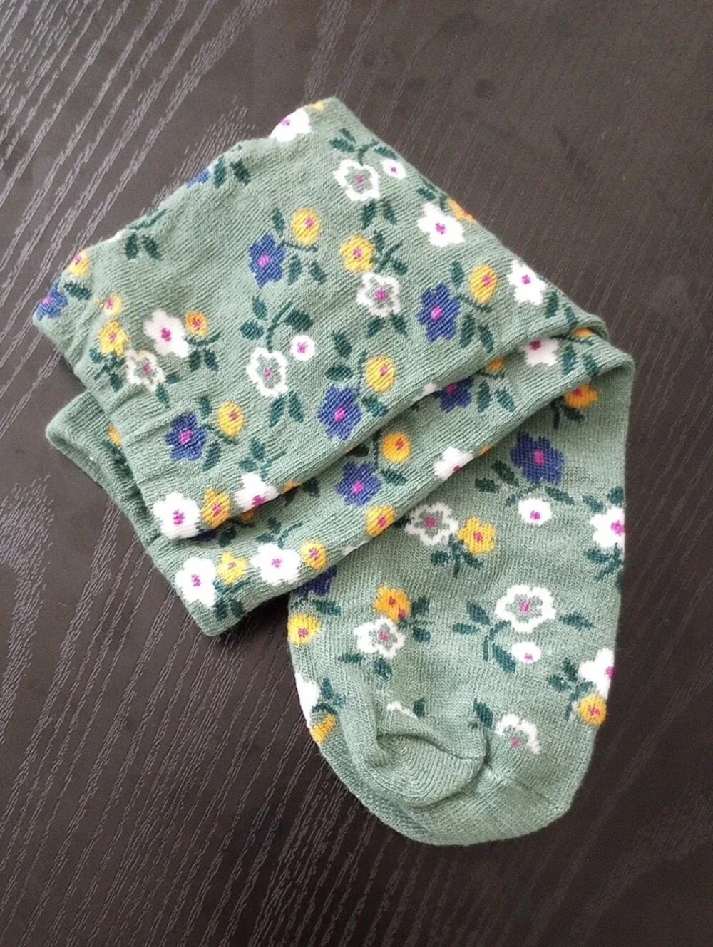 Olive Green Ditsy Floral Crew Socks with Multicolored Blooms